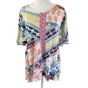 Chico's 1 (US 8 M) Top Floral Short Sleeve Tee V-neck Bell Sleeves Hi Low Hem
